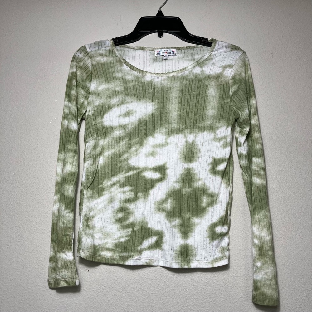 New Poof New York Top Blouse Women's Size Small Long Sleeve Green White